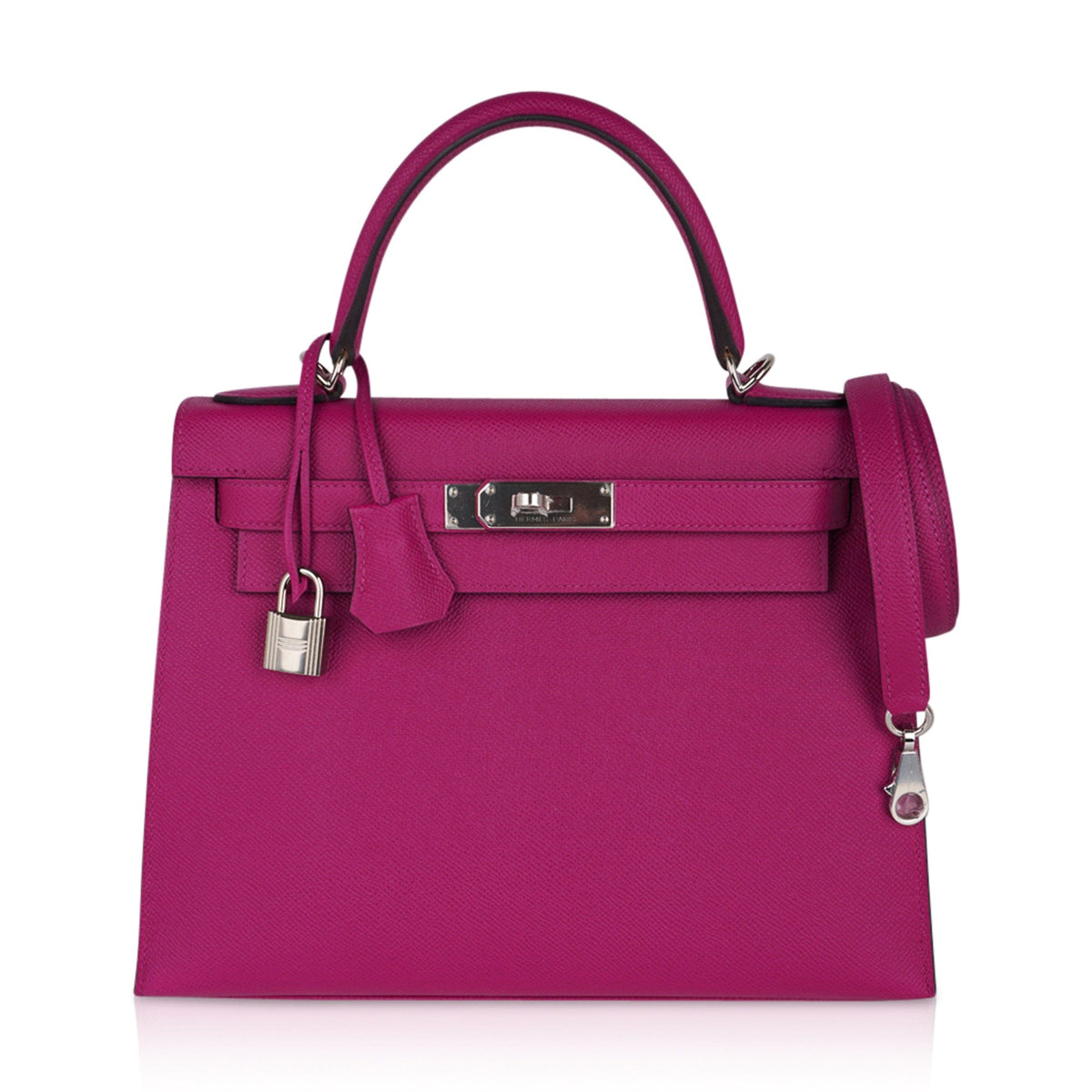 Kelly 28 Sellier Bag Rose Pourpre Epsom Leather with Palladium Hardware