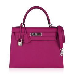 Kelly 28 Sellier Bag Rose Pourpre Epsom Leather with Palladium Hardware