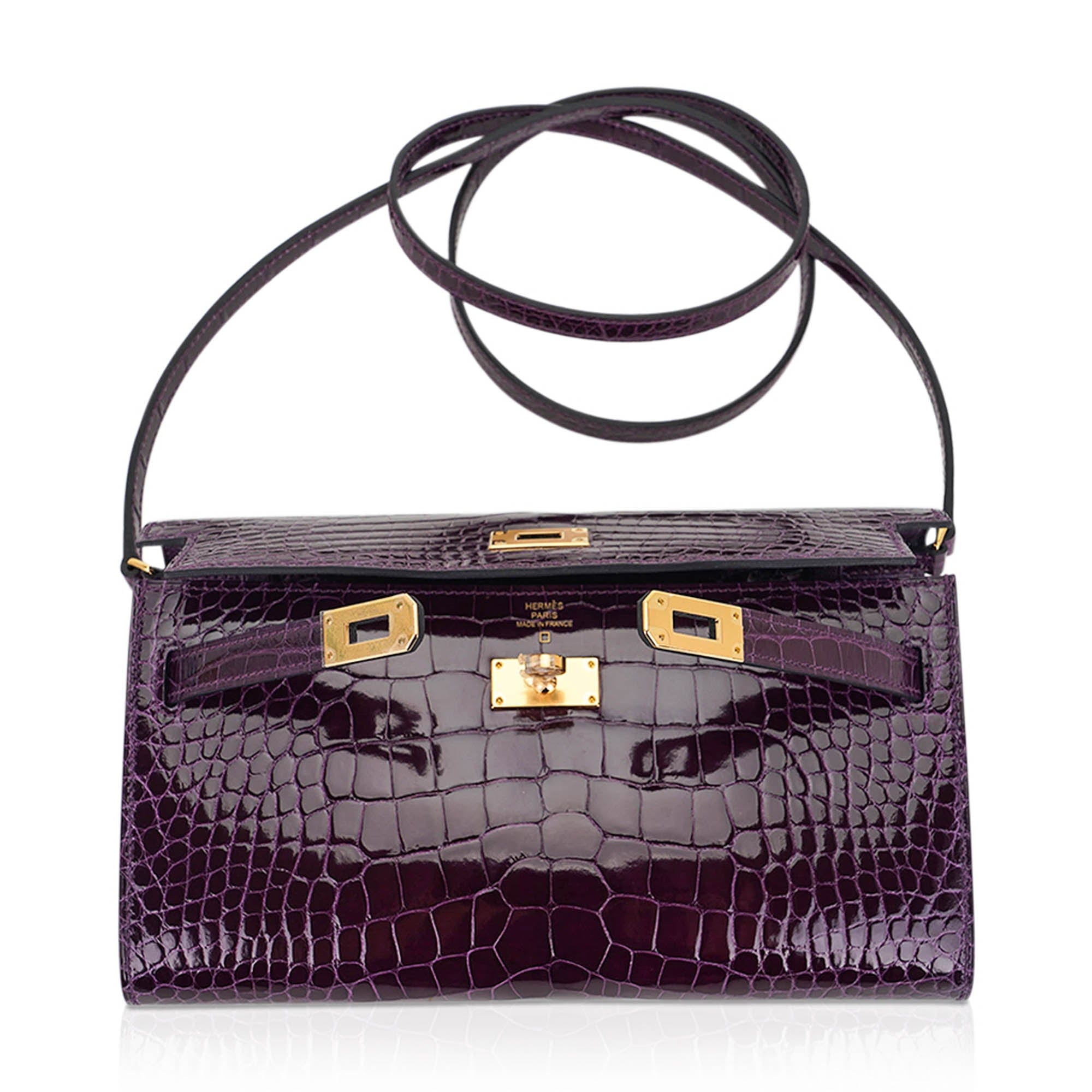 Kelly Classique To Go Wallet Cassis Alligator with Gold Hardware