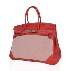 Limited Edition Birkin 35 Ghillies Bag Sanguine Toile and Swift Leather with Palladium Hardware
