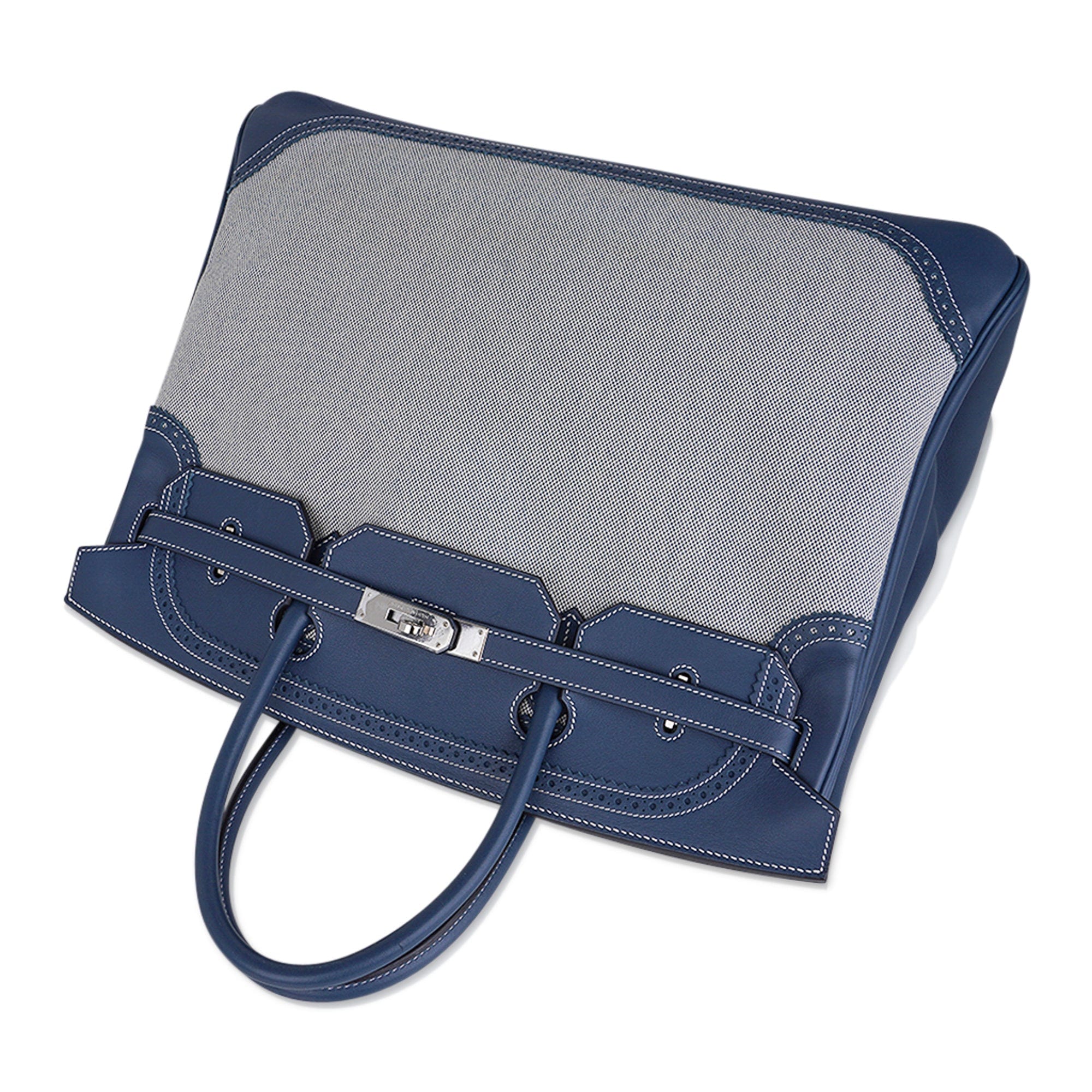 Birkin Limited Edition 40 Ghillies Bag Blue de Prusse Blue Toile with Palladium Hardware
