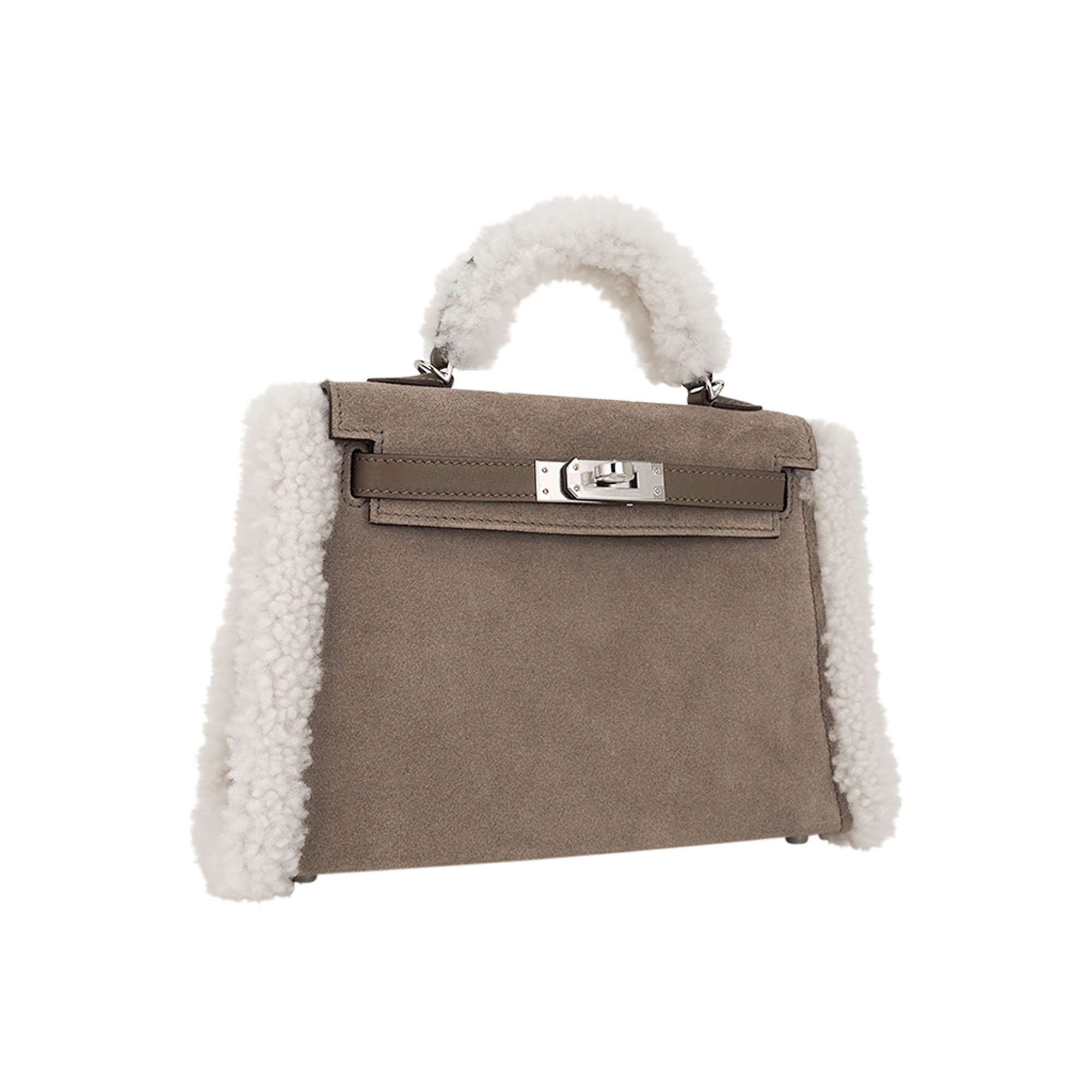 Kelly 20 Teddy Bag Pluch Shearling Gris Caillou Grizzly and Etoupe Swift Leather