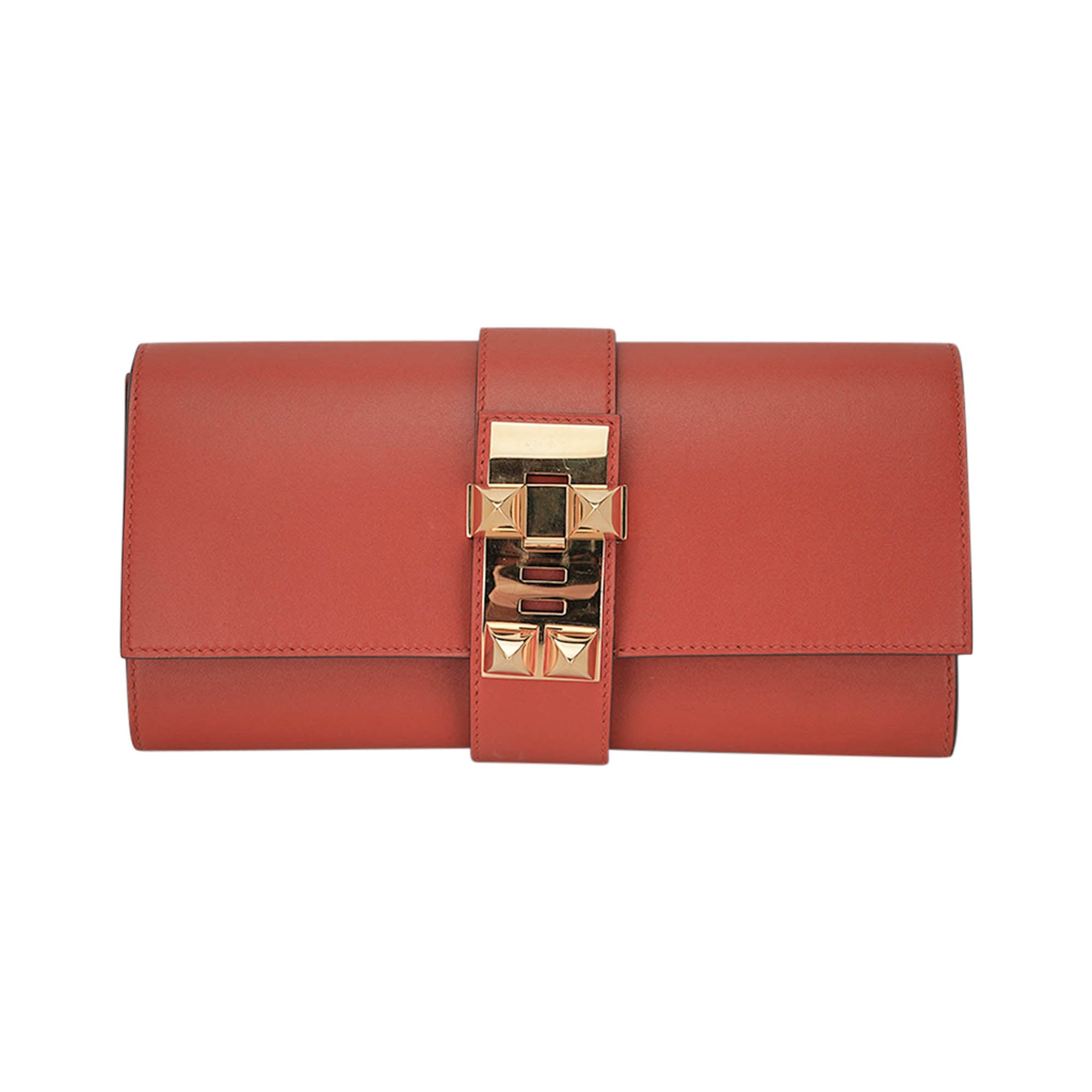 Medor 23 Clutch Bag Brique Tadelakt Leather with Gold Hardware