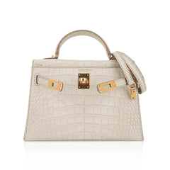 Limited Edition Mini Kelly 20 Sellier Beton Matte Alligator Bag with Gold Hardware