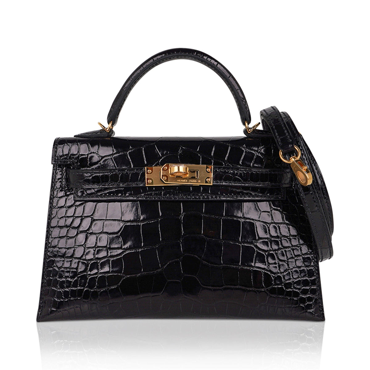 Kelly 20 Mini Sellier Bag Black Alligator Gold Hardware