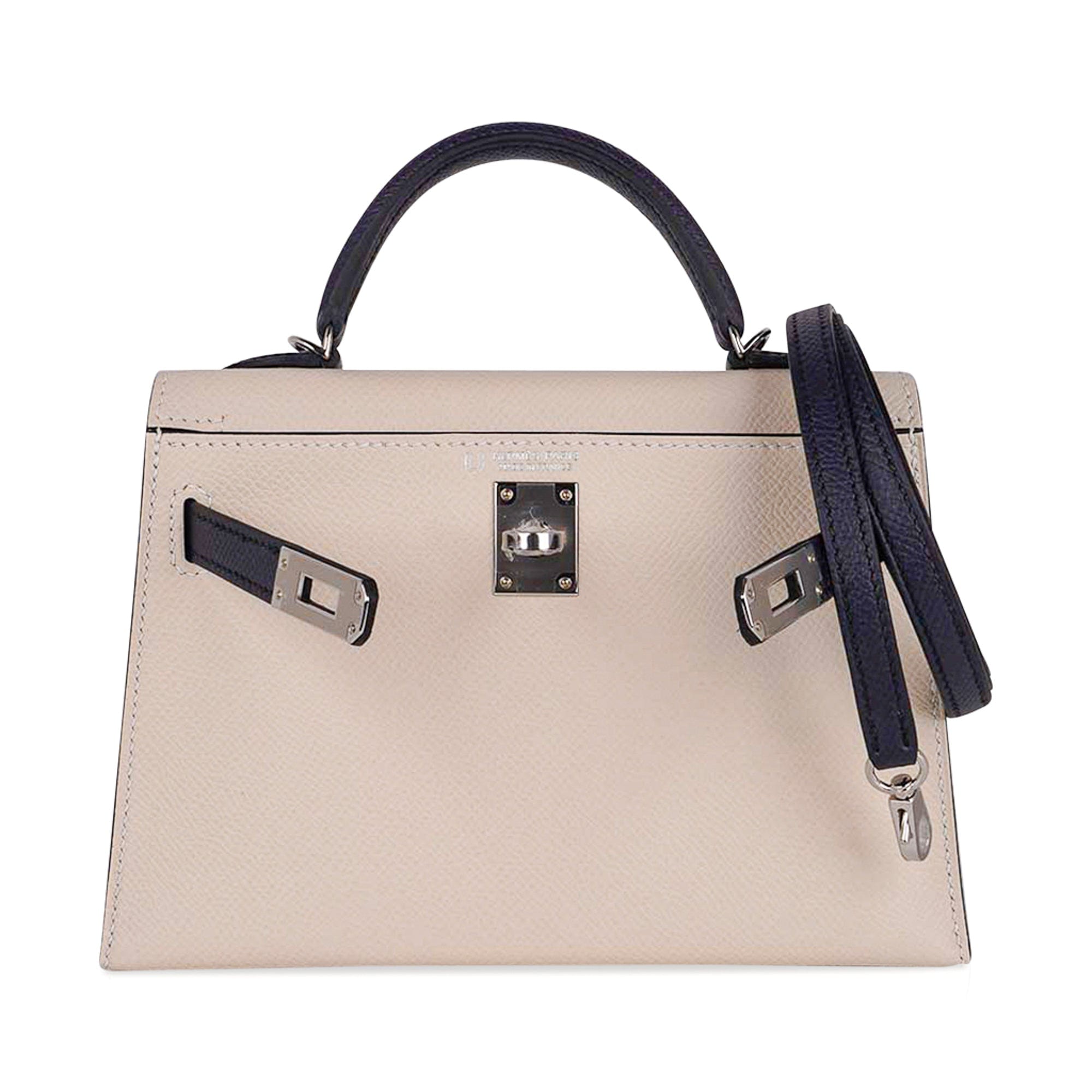 Special Order HSS Mini Kelly 20 Bag Sellier Craie & Blue Indigo Epsom Leather with Palladium Hardware
