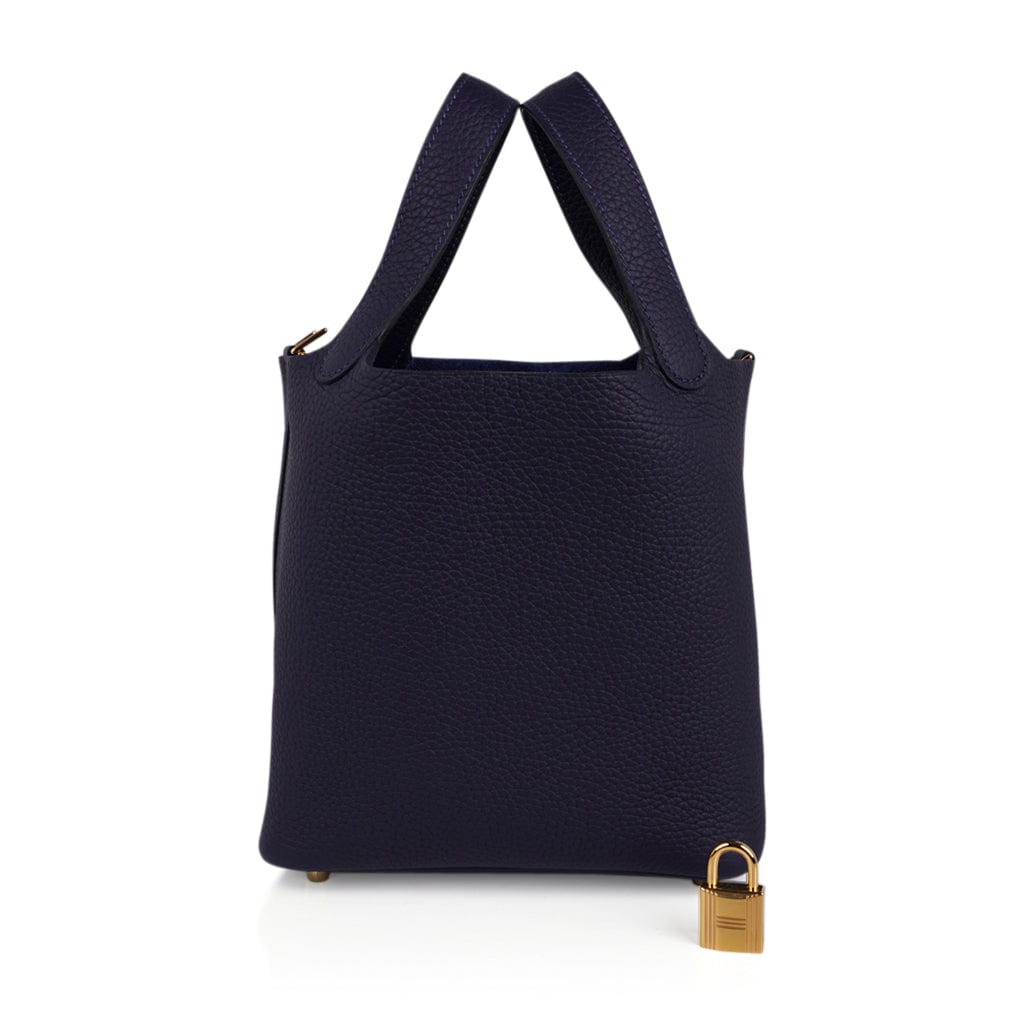 Picotin Lock 18 Blue Nuit Tote Bag Gold Hardware Clemence Leather