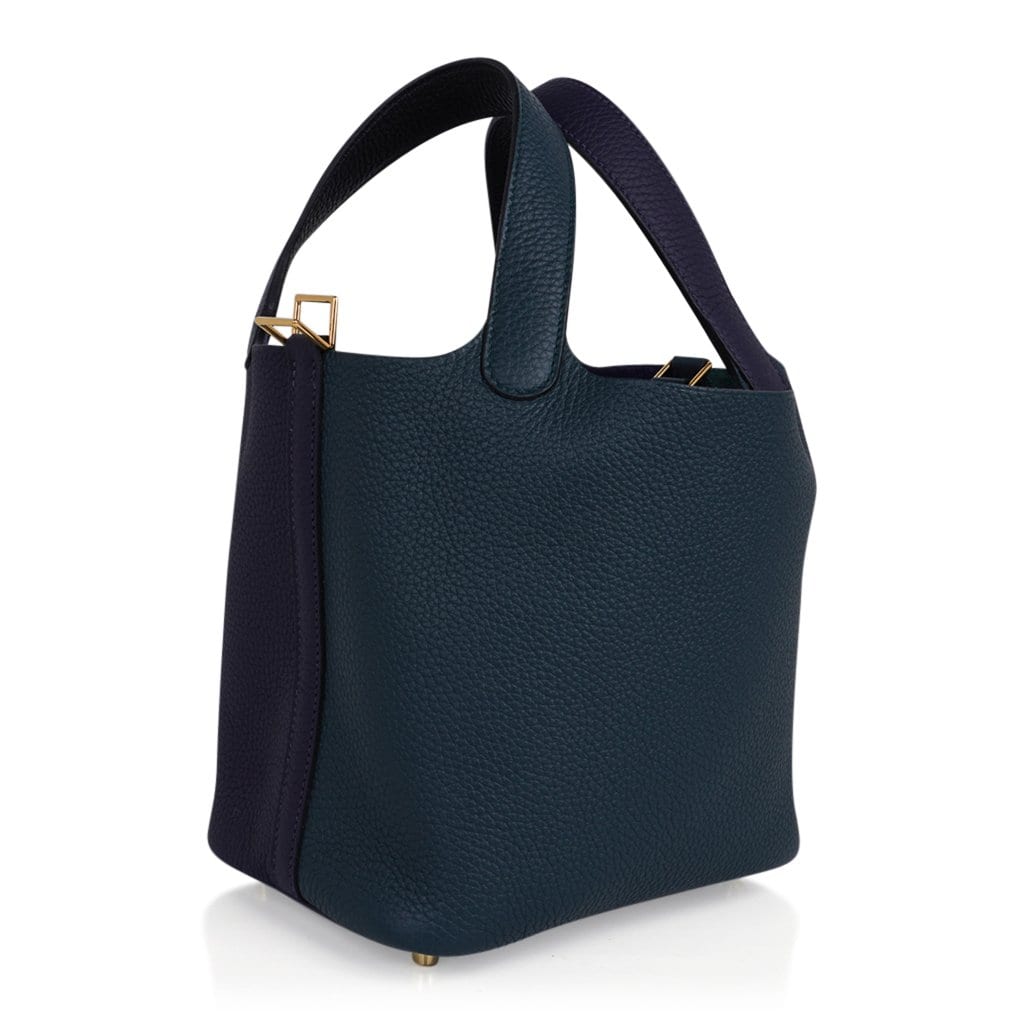 Picotin Lock 18 Bag Vert Cypress / Blue Nuit / Black Tote Clemence Gold