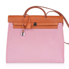 Herbag Zip 39 GM Bag Rose Sakura Canvas Vache Hunter Leather with Palladium Hardware