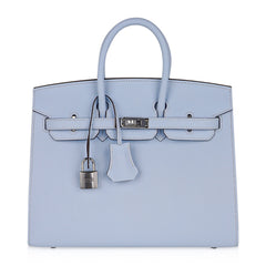 Birkin 25 Sellier Bag Blue Brume Epsom Palladium Hardware New