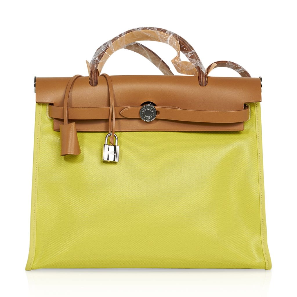 Herbag Zip 31 Bag Lime Berline Toile Vache Hunter Leather with Palladium Hardware