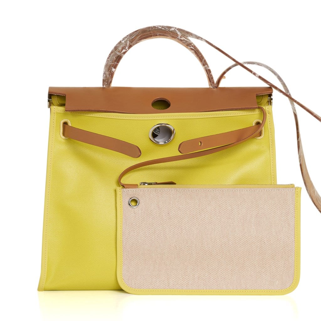 Herbag Zip 31 Bag Lime Berline Toile Vache Hunter Leather with Palladium Hardware
