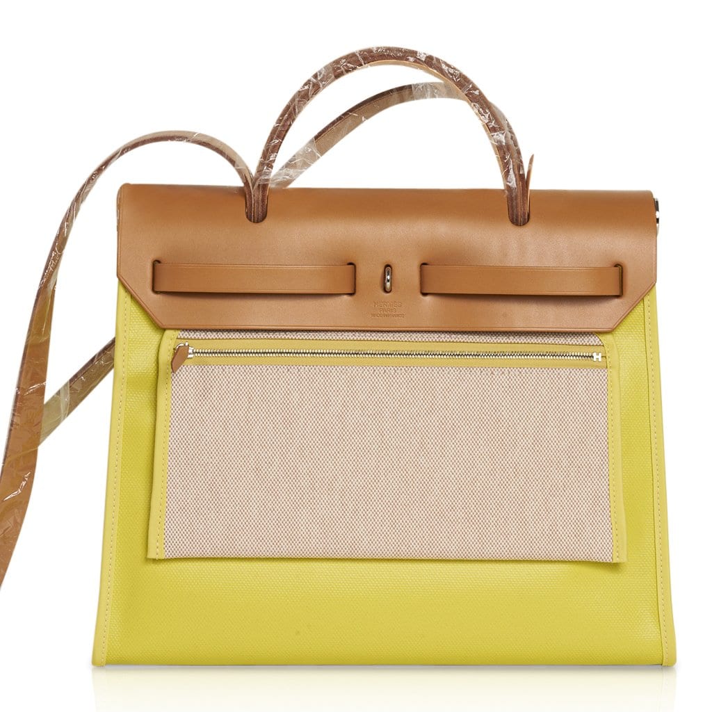 Herbag Zip 31 Bag Lime Berline Toile Vache Hunter Leather with Palladium Hardware