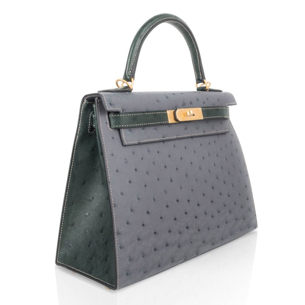 Kelly Sellier 28 HSS Bag Gris Agate / Vert Titien Ostrich Gold Hardware