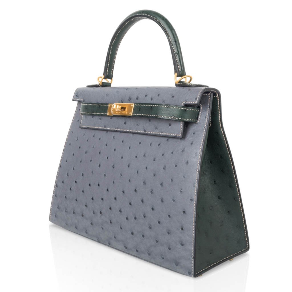 Kelly Sellier 28 HSS Bag Gris Agate / Vert Titien Ostrich Gold Hardware