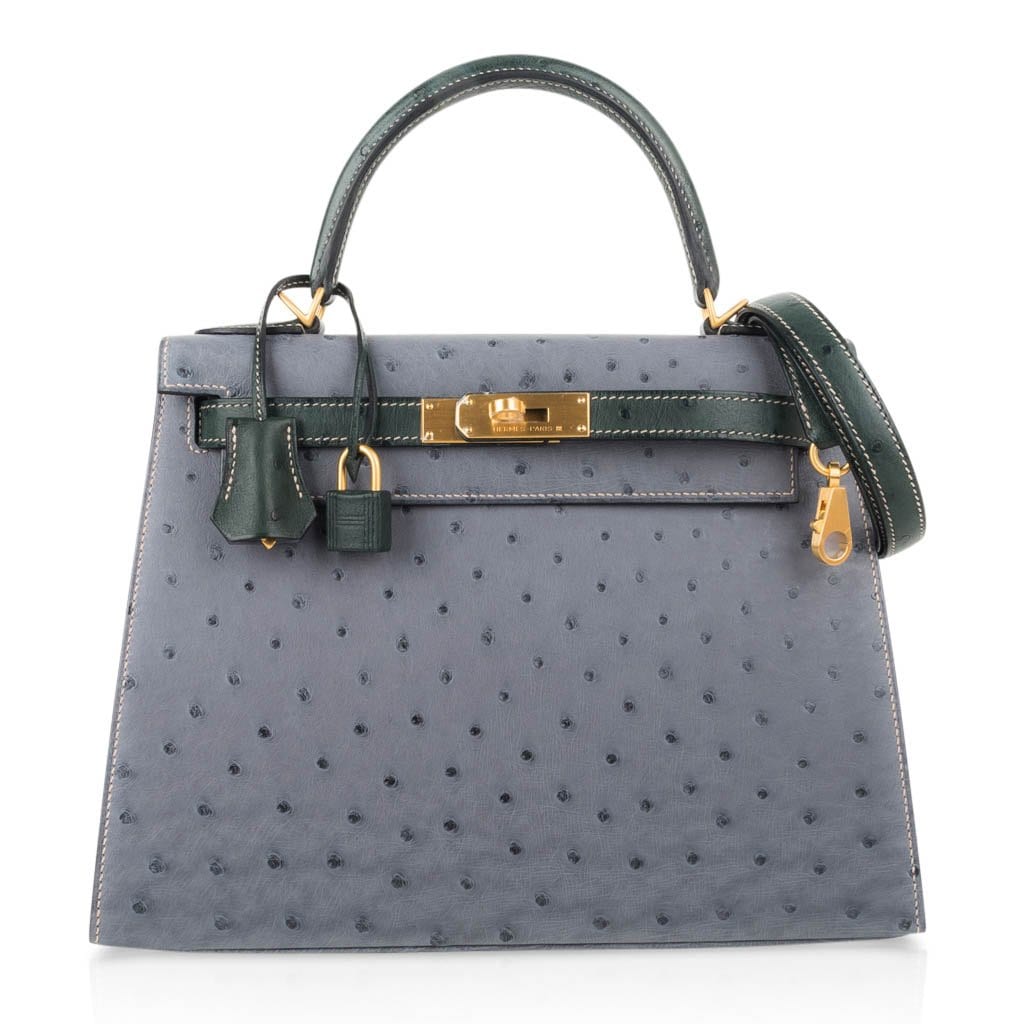Kelly Sellier 28 HSS Bag Gris Agate / Vert Titien Ostrich Gold Hardware
