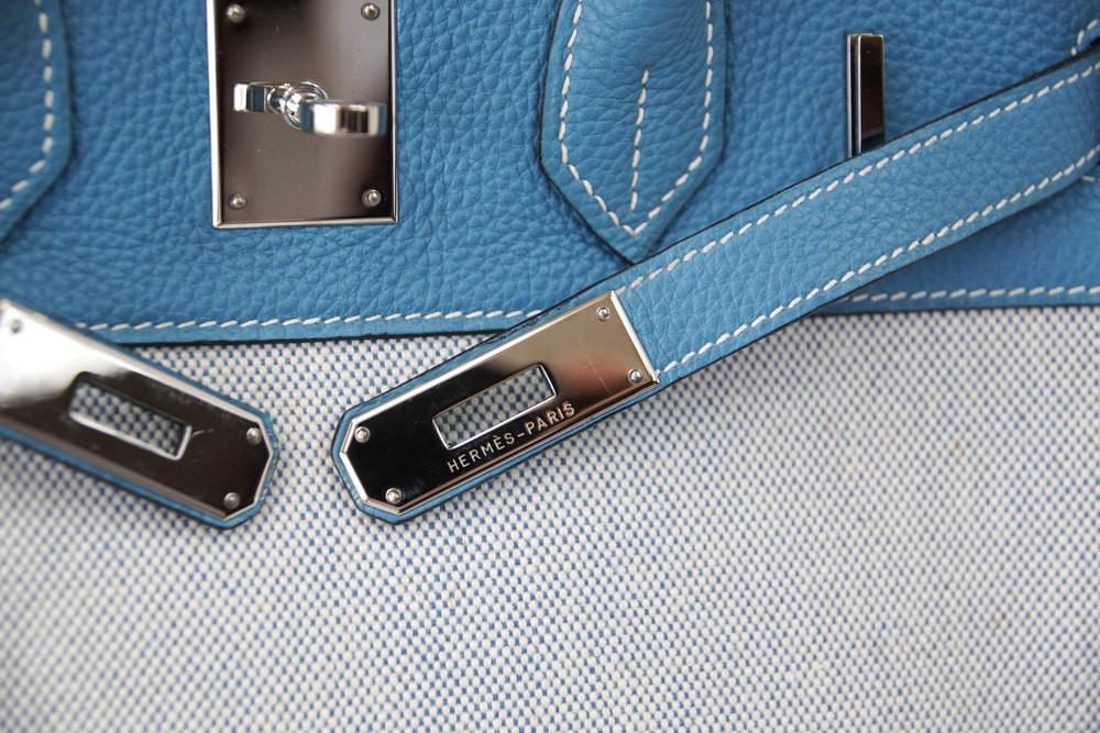 Birkin 30 Bag Toile Blue Jean Togo Leather Palladium