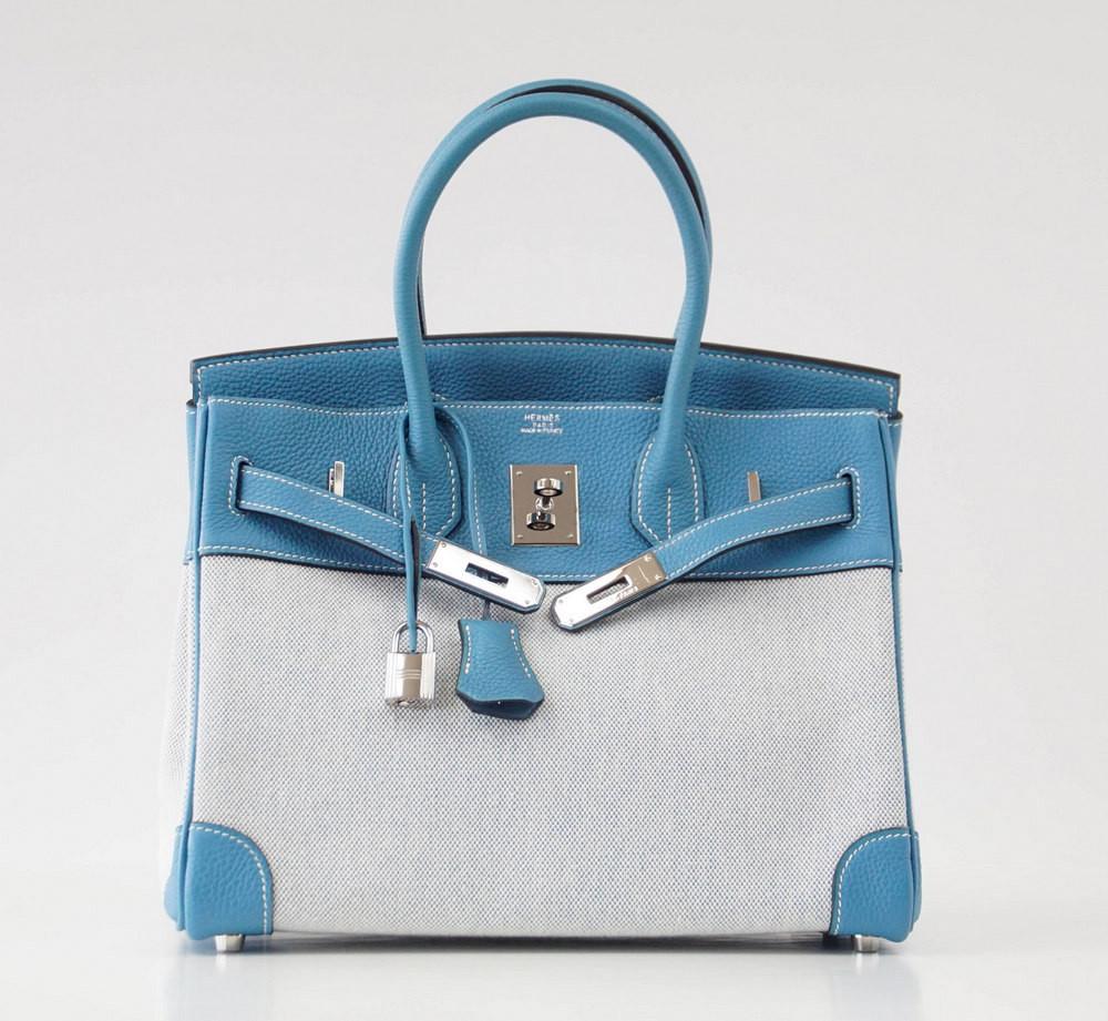 Birkin 30 Bag Toile Blue Jean Togo Leather Palladium