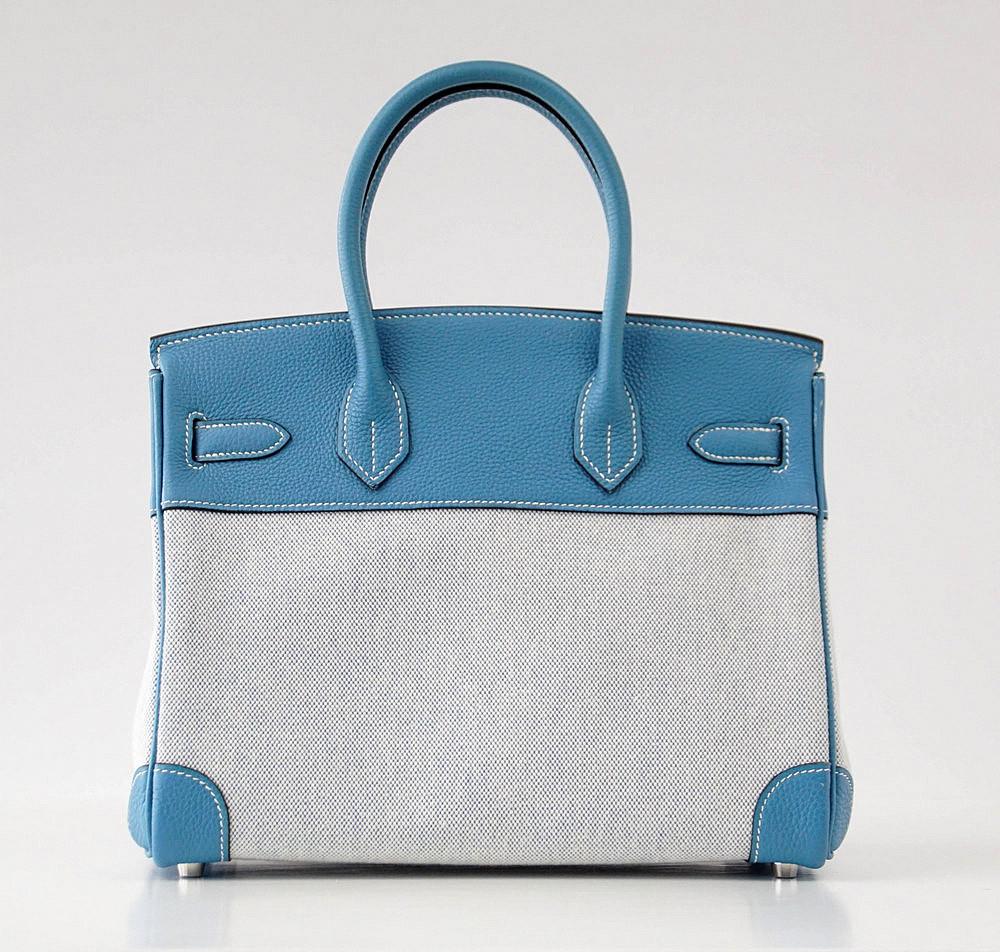 Birkin 30 Bag Toile Blue Jean Togo Leather Palladium