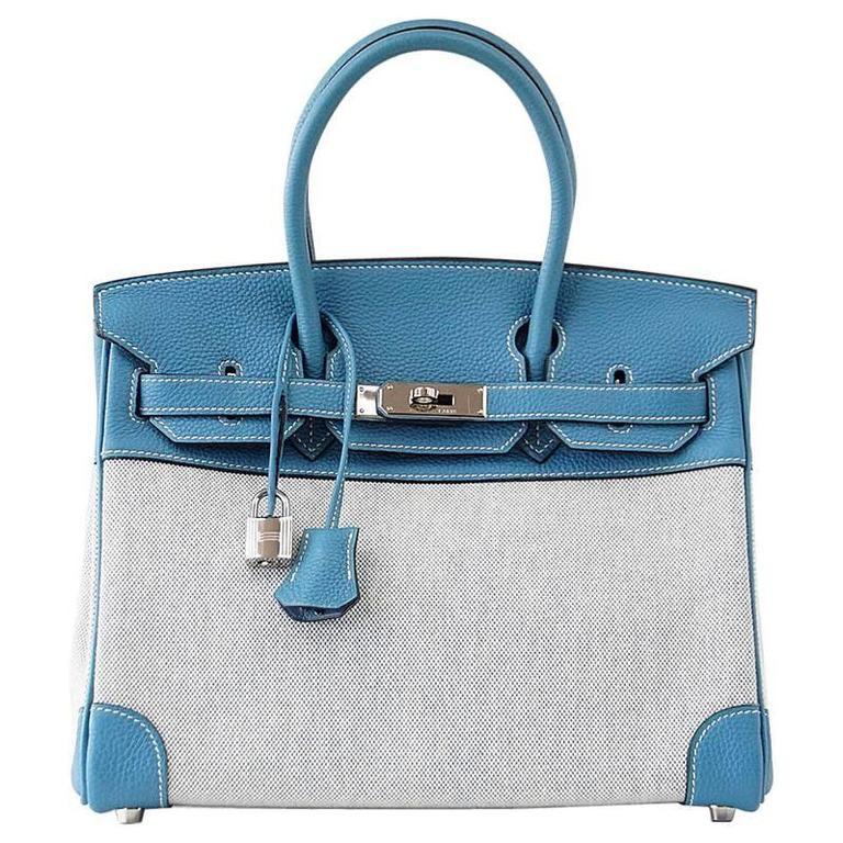 Birkin 30 Bag Toile Blue Jean Togo Leather Palladium