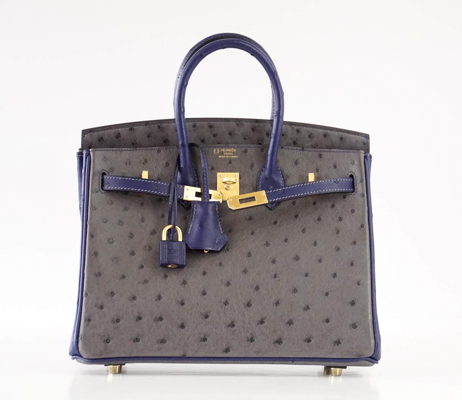 Birkin 25 Bag HSS Ostrich Gris Agate/Blue Sapphire Brushed Gold