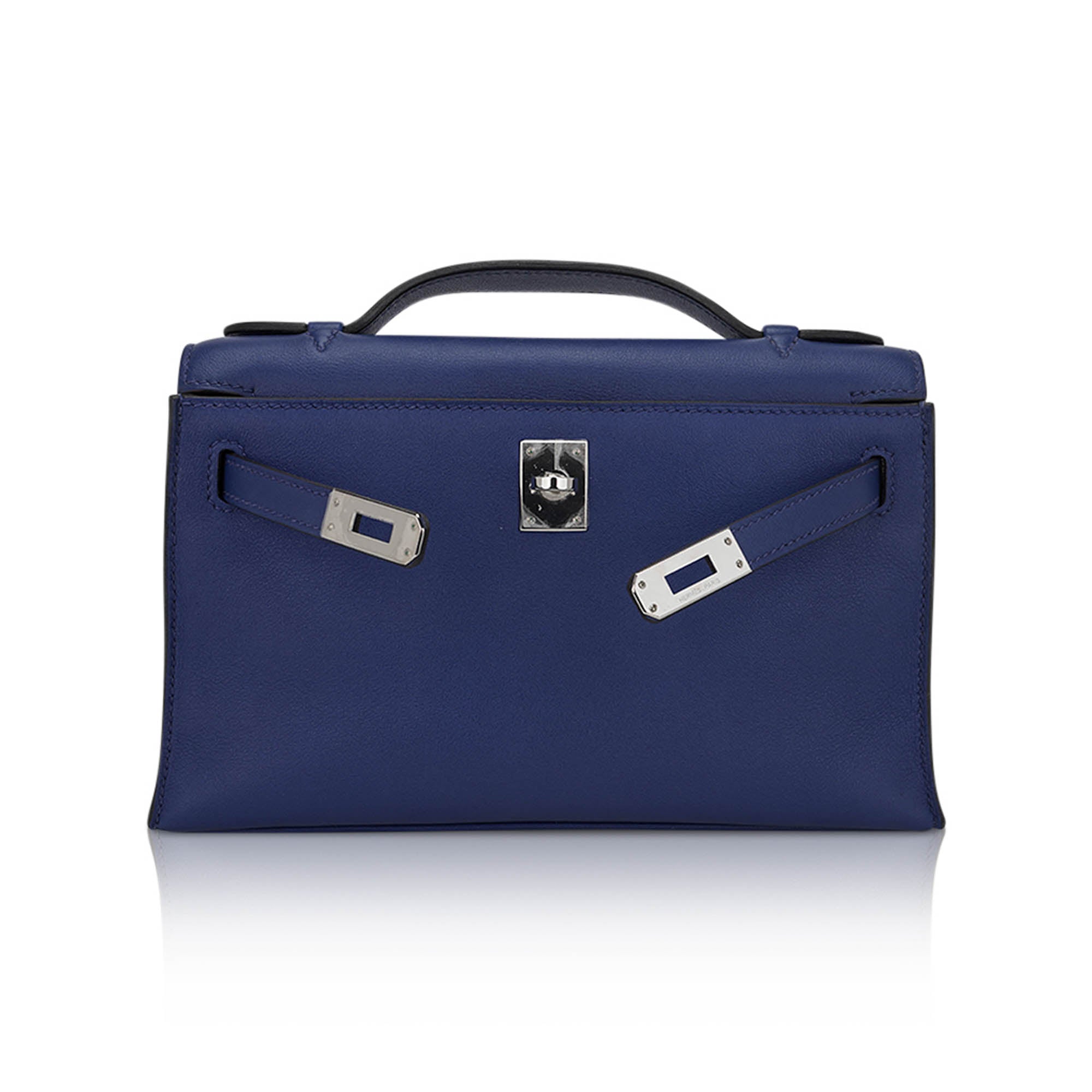 Kelly Pochette Clutch Bag Blue Sapphire Swift Leather with Palladium Hardware