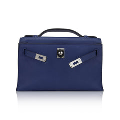 Kelly Pochette Clutch Bag Blue Sapphire Swift Leather with Palladium Hardware