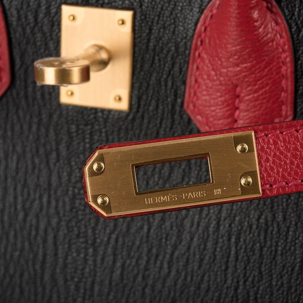Birkin HSS 25 Bag Noir / Rouge Casaque Chevre Brushed Gold Hardware
