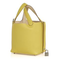 Picotin Lock 18 Casaque Bag Lime / Nata Bi-Color Tote Clemence Palladium