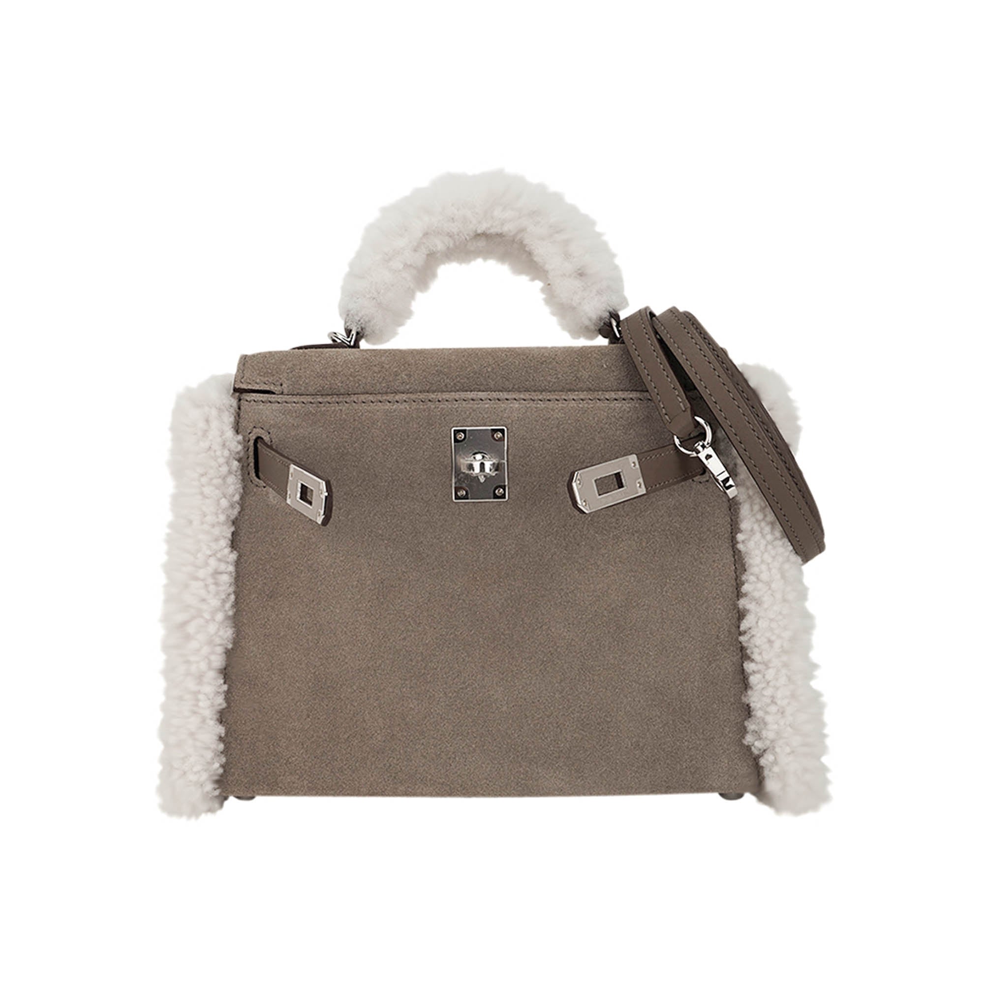 Kelly 20 Teddy Bag Pluch Shearling Gris Caillou Grizzly and Etoupe Swift Leather
