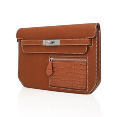 Kelly Depeches Touch Pouch 25 Bag Fauve Barenia Faubourg Leather and Gold Matte Alligator with Palladium Hardware