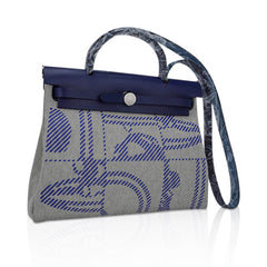 Herbag Zip 31 Bag Brides de Gala Toile Blue Sapphire Vache Hunter Leather with Palladium Hardware