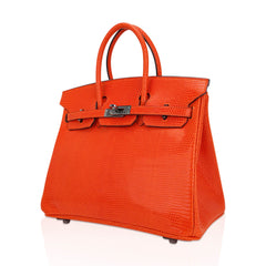 Birkin 25 Bag Orange Tangerine Lizard with Ruthenium Hardware