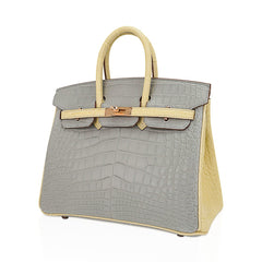 Special Order HSS Birkin 25 Bag Gris Perle & Vanille Matte Alligator with Rose Gold Hardware