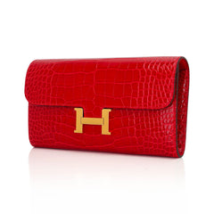 Constance Long To Go Wallet Lipstick Red Braise Alligator with Gold Hardware