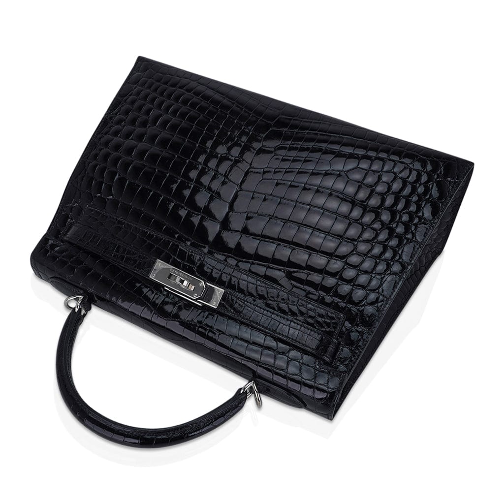 Kelly 32 Sellier Bag Black Crocodile with Palladium Hardware