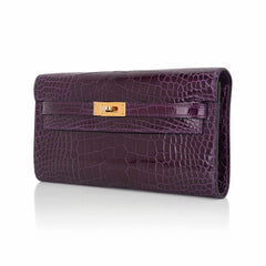 Kelly Classique To Go Wallet Cassis Alligator with Gold Hardware