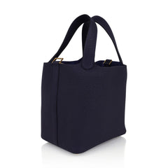 Picotin Lock 18 Blue Nuit Tote Bag Gold Hardware Clemence Leather