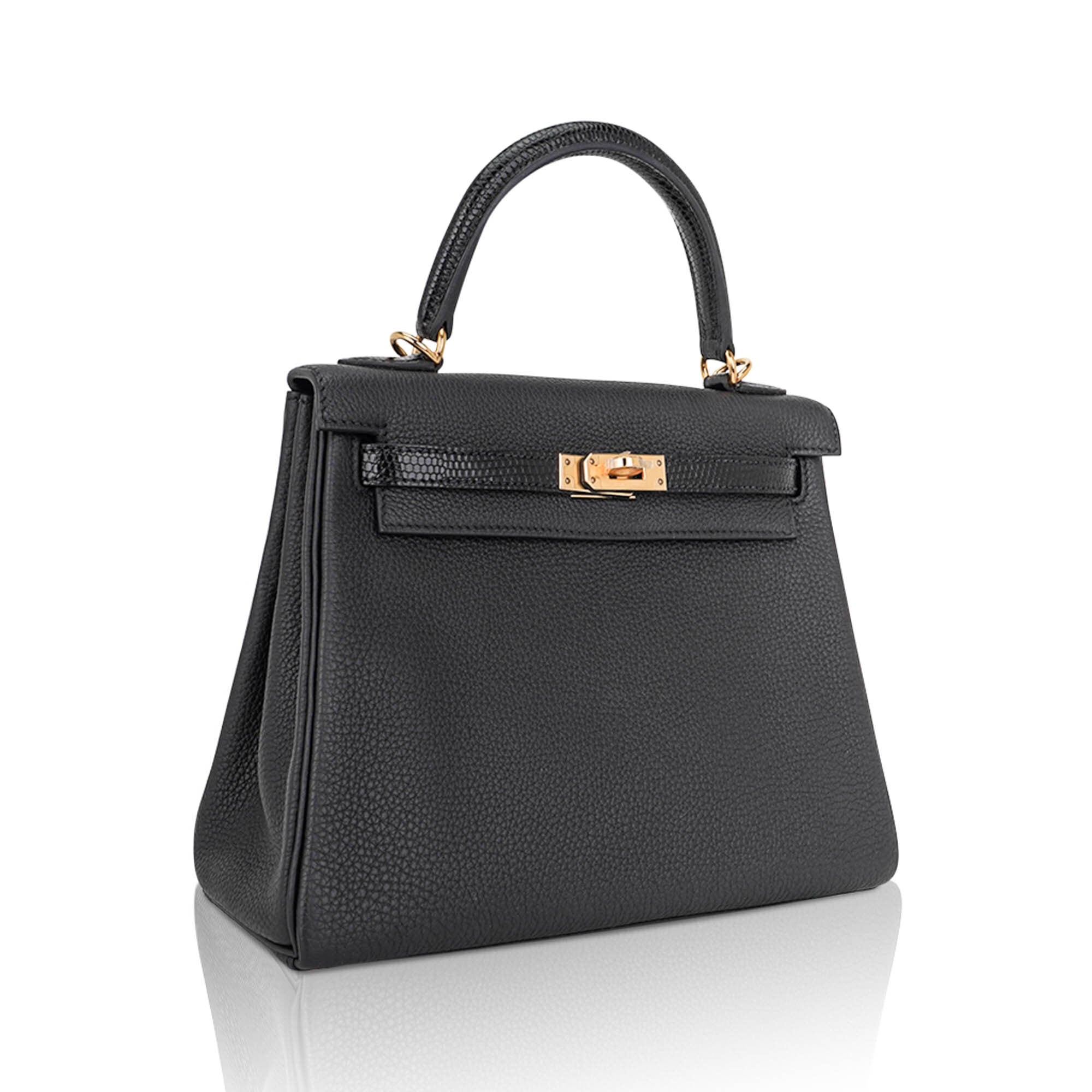 Kelly Touch 25 Retourne Bag Black Lizard Togo Leather Gold Hardware